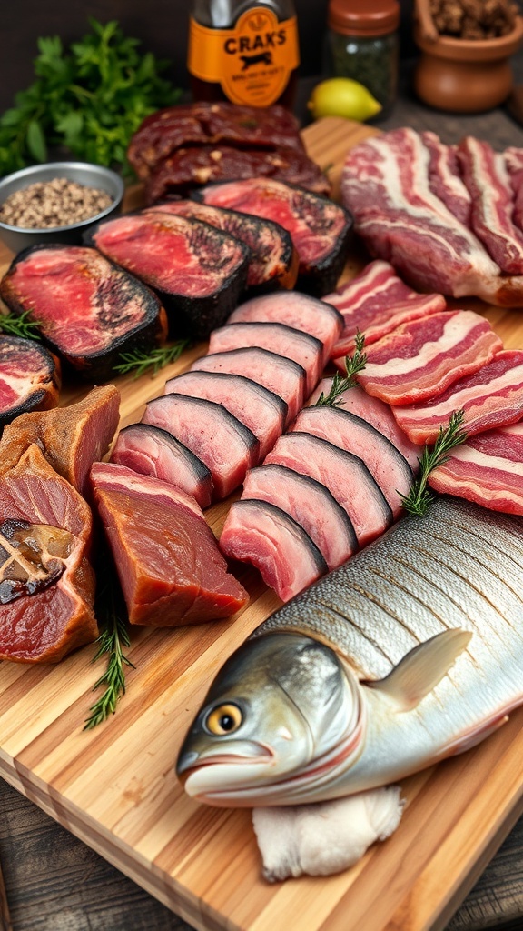 A variety of meats including beef, pork, and fish on a cutting board in a rustic kitchen.